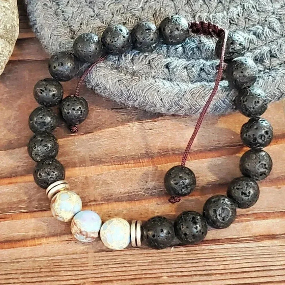 Handcrafted Chakra Bracelet Natural Blue and Tan Aqua Terra Jasper Black Lava - Picture 1 of 7